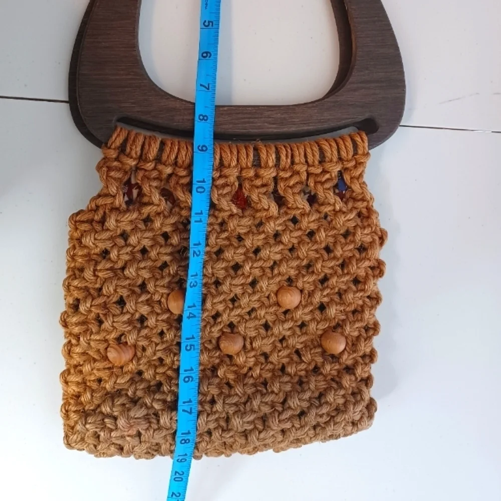 Vintage Boho Macrame Beaded Natural Wood Handbag